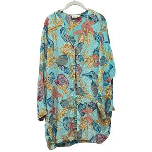 Vintage gold label Victoria's Secret Silk Robe Seashells Print Aqua Blue L *read